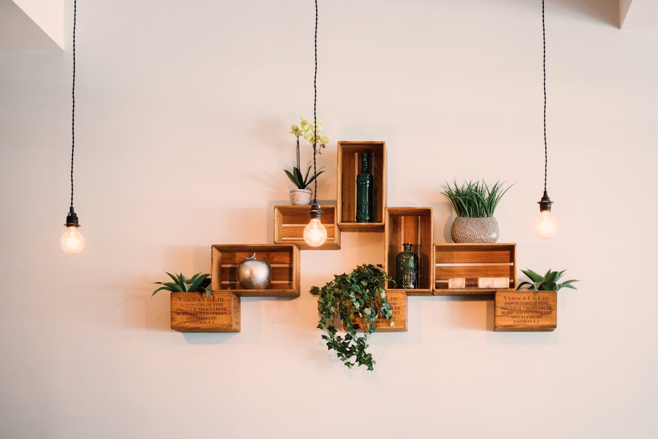 Services-03 Contemporary wooden shelves with plants and decor, illuminated by hanging lights.