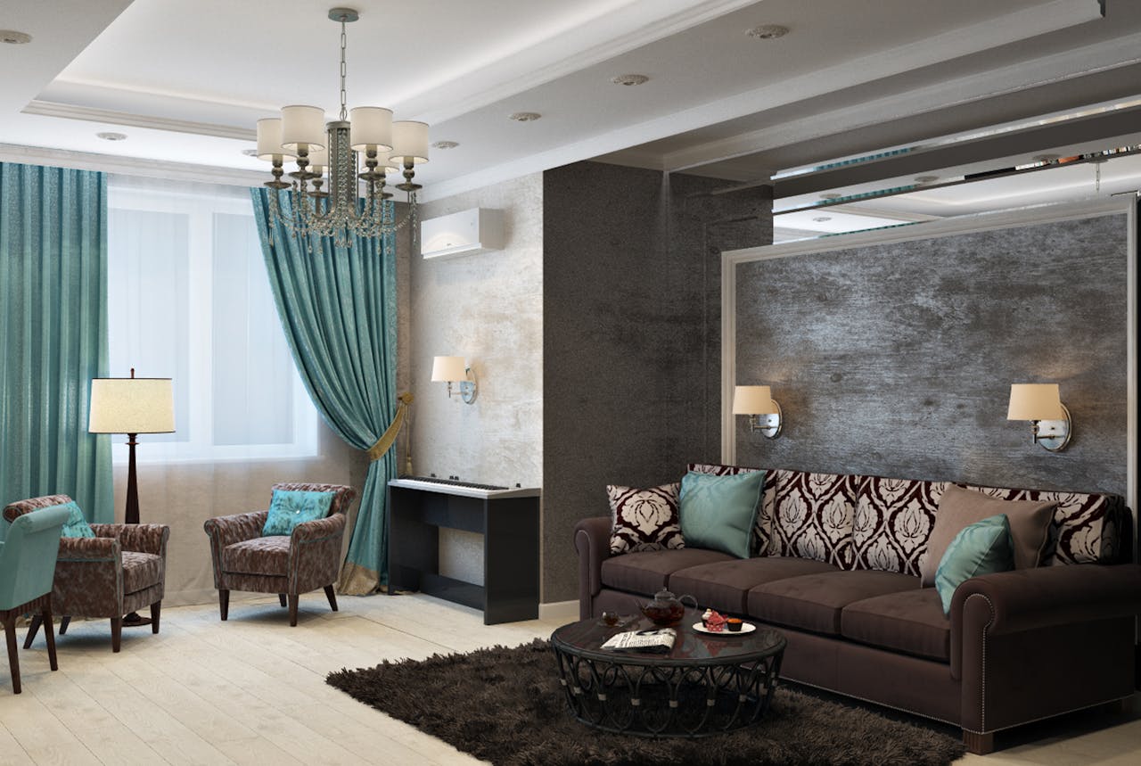 digital Luxurious modern living room with chandelier, sofa, armchairs, and stylish decor.